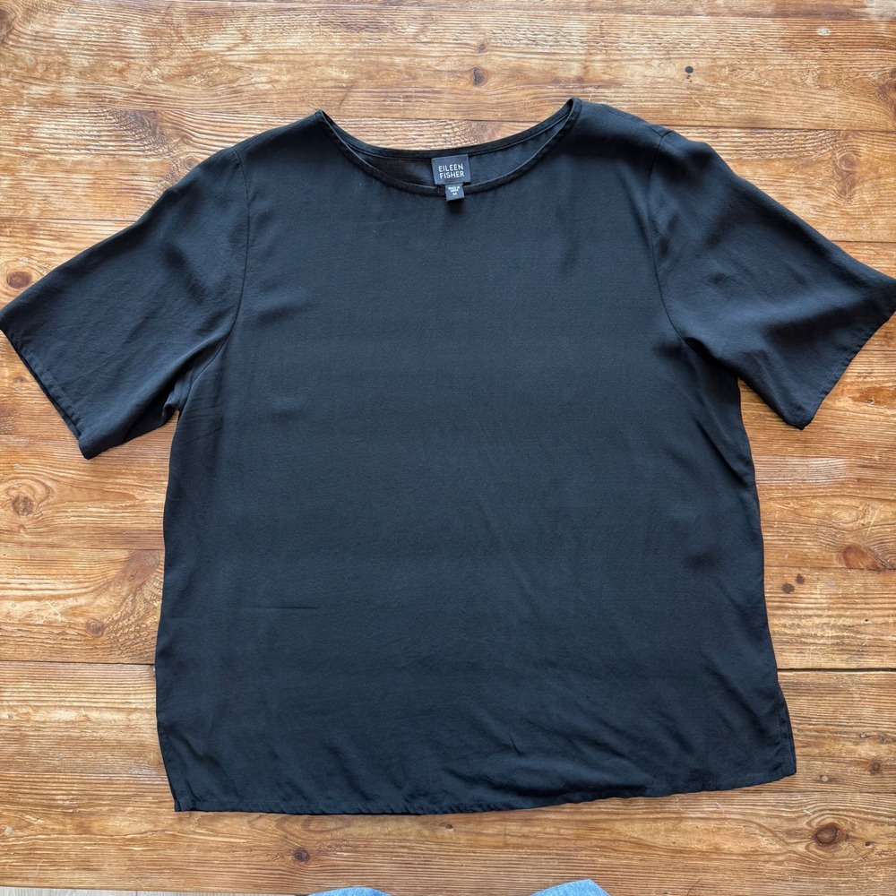 Eileen Fisher Black Silk Short Sleeve Round Neck Minimalist Career Top Med EUC - Picture 4 of 10